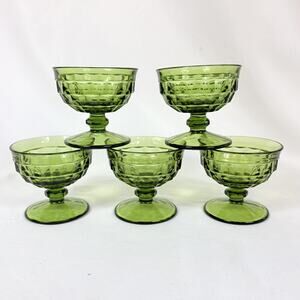 Indiana Glass Whitehall Avocado Green Cubist Sherbet Dessert Dishes Set of 5 Vtg